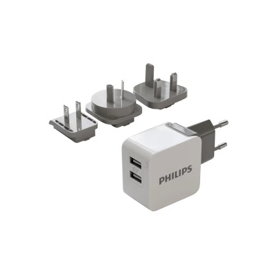 PHILIPS - CARGADOR DE PARED USB x 2 DLP2220/10 - 15,5W. 4 CONECTORES INTERCAMBIABLES